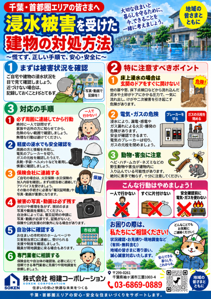 浸水被害を受けた建物に入る前に確認すべき安全ポイント!!